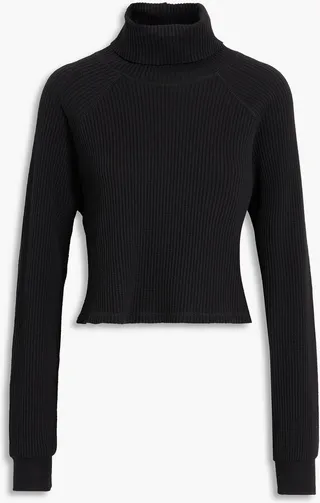 Cropped waffle-knit cotton-blend turtleneck sweater
