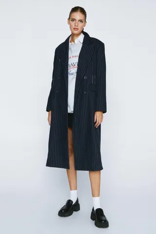 Nasty Gal Womens Pinstripe Wool Blend Contrast Stitch Duster