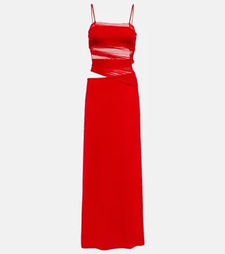 Sheer-detail ruched silk maxi dress