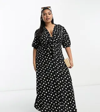 ASOS DESIGN Curve tie front button through midi dress in blurred spot print
