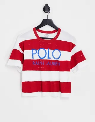 Polo Ralph Lauren crop color block sleeve T-shirt in white