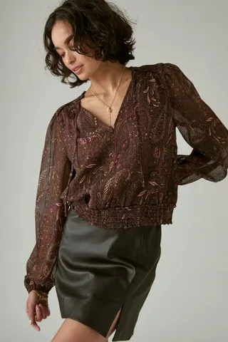 Long Sleeve Paisley Bubble Hem Blouse