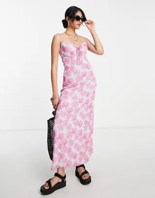 ASOS DESIGN strappy bust detail 90s mesh midi dress in pink rose print