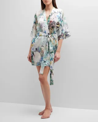 Enchanted Short Floral-Print Silk Robe