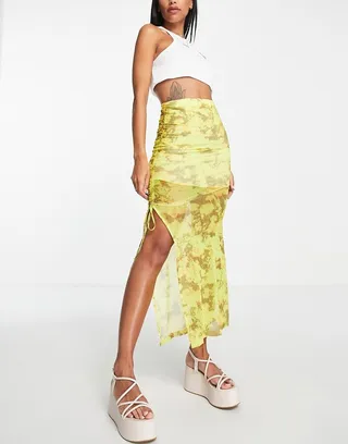Topshop ruched side mesh blurred floral midi skirt in yellow