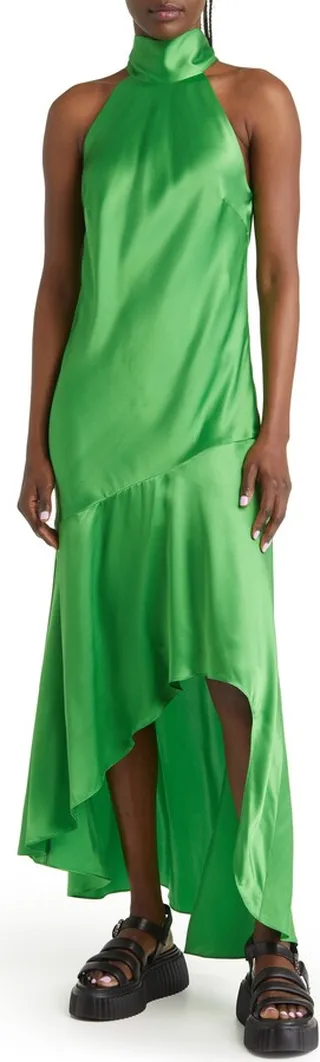 Draped Halter Neck Silk Midi Dress