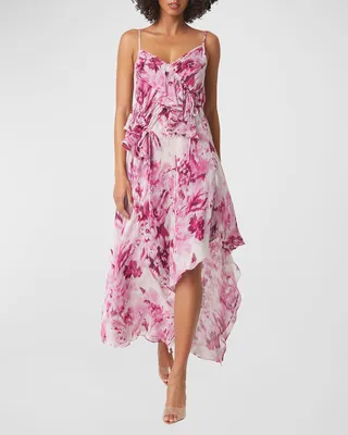Greta Asymmetric-Ruffle Chiffon Midi Dress