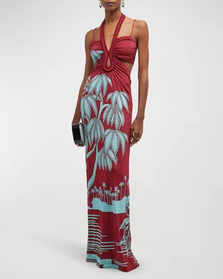 Refugios En El Orinoco Palm Tree-Print Cutout Maxi Dress