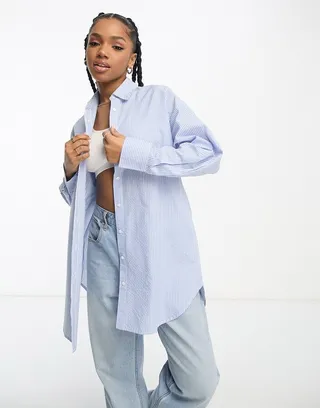 Stradivarius oversized cotton shirt in stripe