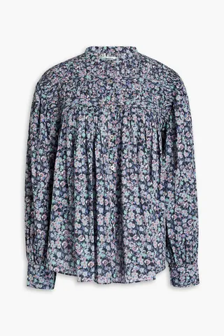 Plalia pleated floral-print cotton blouse