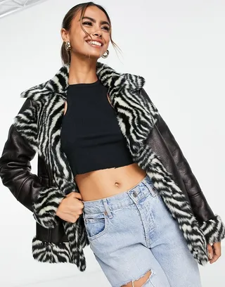Miss Selfridge zebra faux fur contrast aviator jacket