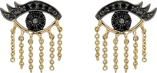 Black Diamond Evil Eyelash Yellow Gold Fringe Stud Earrings