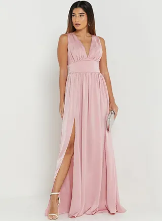 Plunge Neck Side Split Pleated Dress