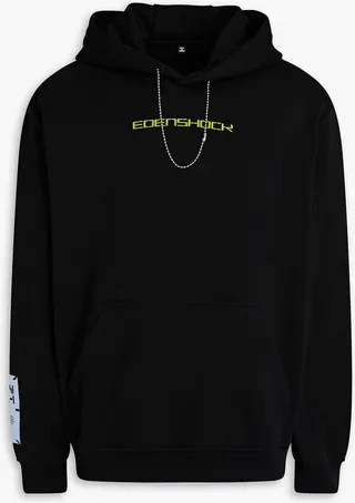 Chain-trimmed printed French cotton-terry hoodie