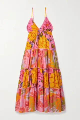 Farm Rio - Crochet-trimmed Tiered Floral-print Cotton-voile Maxi Dress - Orange