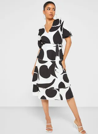 Abstract Print Belted Tiered Dress
