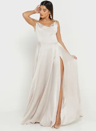 Front Split Cowl Neck Skater Dress
