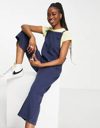 Monki soft denim overalls with front pockets in navy