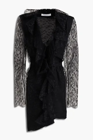 Belted ruffled leavers lace dress