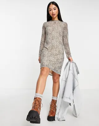 Pieces fenola long sleeve mesh mini dress in leopard