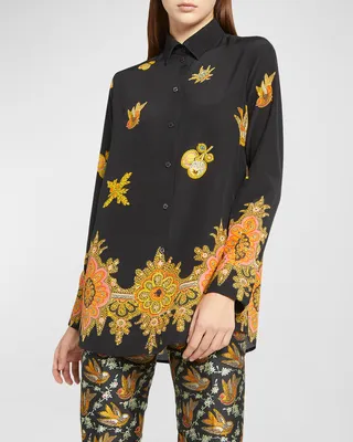 Micro Bird-Print Silk Collared Shirt