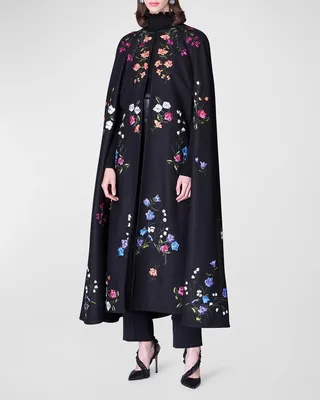 Floral Embroidered Long Wool Cape