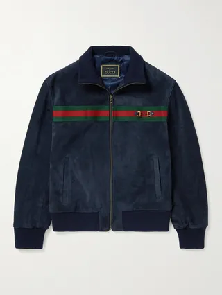 Horsebit Webbing-Trimmed Suede Bomber Jacket