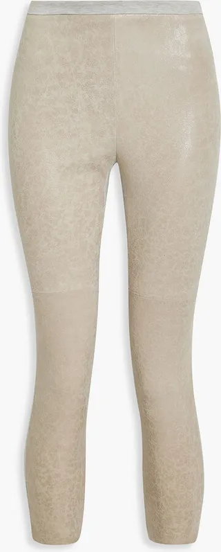 Cropped jersey-paneled cracked suede leggings