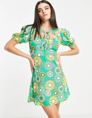 Vero Moda tie neck mini dress with sweetheart neck in green retro floral