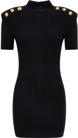 Balmain Mock Neck Button-Embellished Ribbed Mini Dress