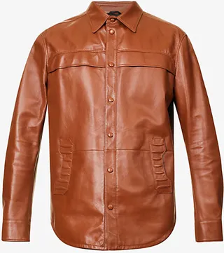 ens Hide Brown Brand-plaque Regular-fit Leather Overshirt