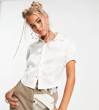 COLLUSION vintage cropped satin shirt with branding in ecru