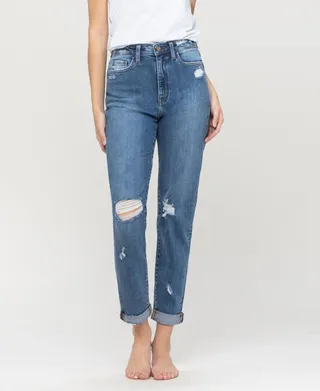 Women's Distressed Double Cuffed Stretch Mom Jeans