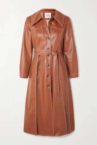 A.W.A.K.E. MODE - Belted Faux Leather Trench Coat - Red
