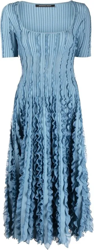 Short-Sleeve Ruffle-Trim Midi Dress