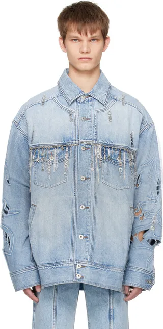 Feng Chen Wang Blue Washed Denim Jacket