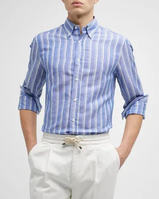 Men's Multi-Stripe Linen-Cotton Sport Shirt