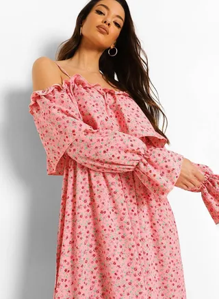 Bardot Ruffle Detail Printed Dress
