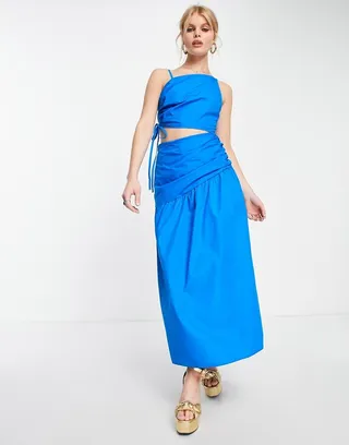 Topshop ruch waist out about poplin midi dress in cobalt blue