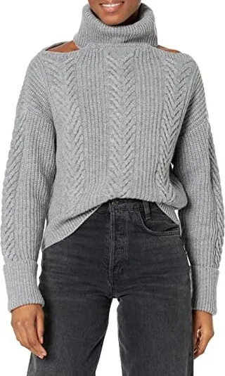 PAIGE Women's Lorilee Turtle Neck Shoulder Baring Cable Knit in Heather Grey
