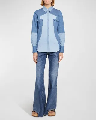Elly Patchwork Denim Button-Front Shirt