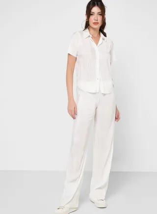 Plisse Shirt And Wide Leg Pants Set