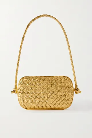 Bottega Veneta - Knot-embellished Metallic Intrecciato Plissé Leather Shoulder Bag - Gold