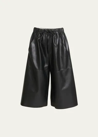 Cropped Wide-Leg Pull-On Leather Pants
