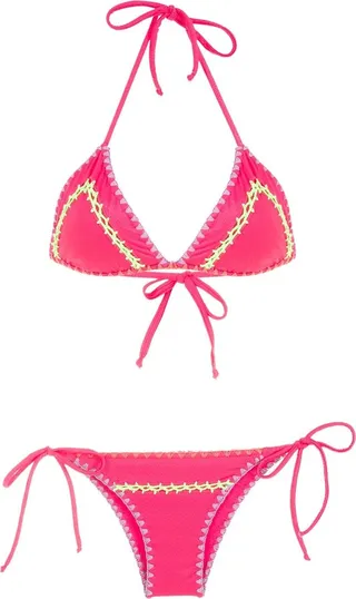 Contrast-Stitching Triangle-Cup Bikini Set