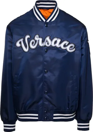Navy Blue Logo Patch Bomber Jacket In Cotton Man