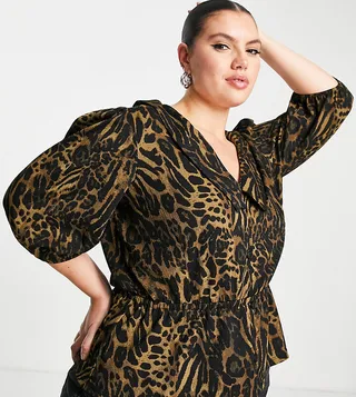 ASOS DESIGN Curve textured stretch blouse in animal print