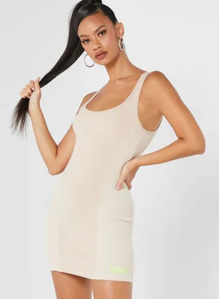 Square Neck Rib Splice Mini Dress