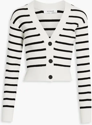 Striped ribbed-knit cardigan