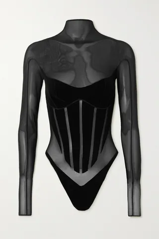 Wolford - + Mugler Flocked Stretch-tulle Thong Bodysuit - Black